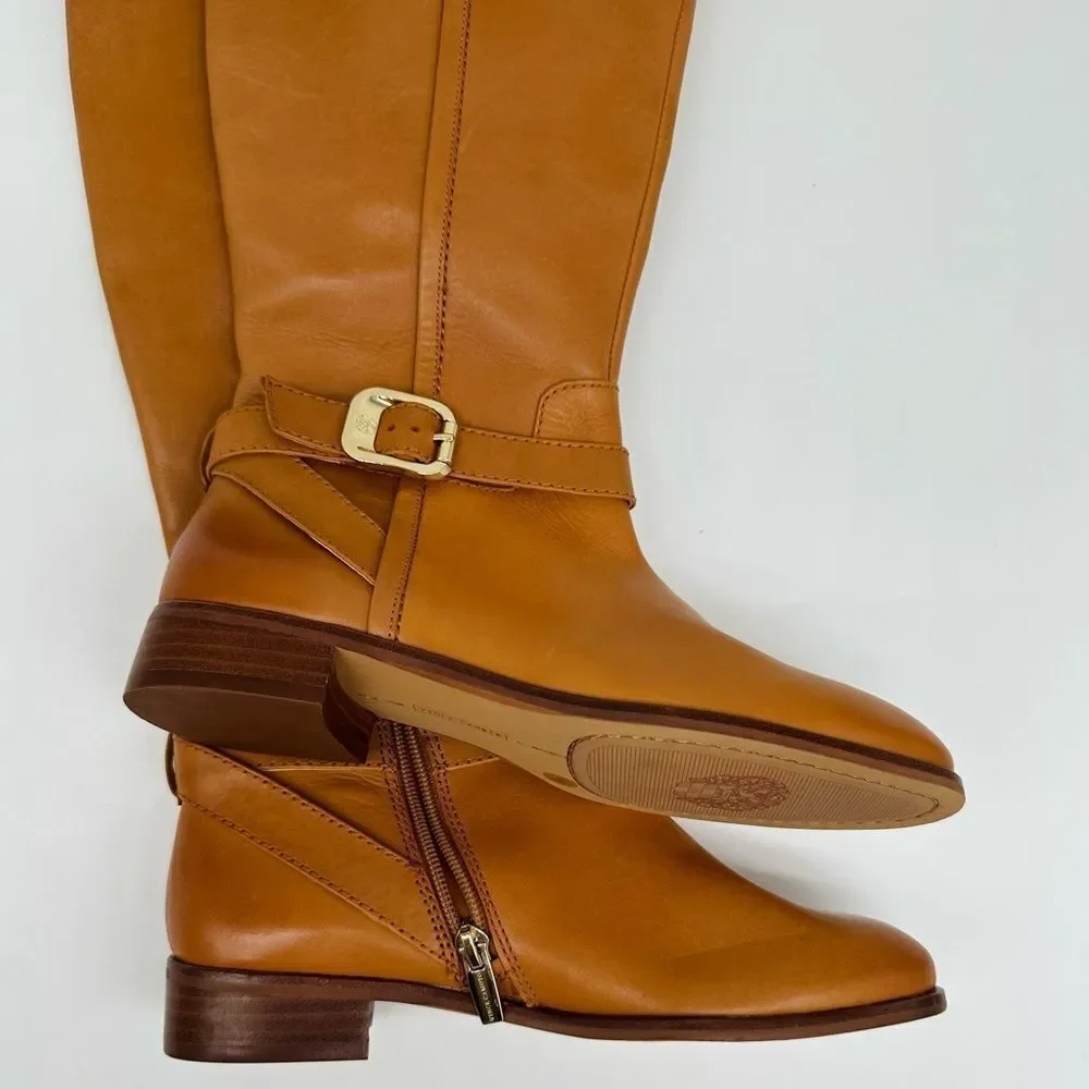 VINCE CAMUTO  Buckle Accent Ovarlym Round Toe Block Heel Leather Riding Boot
